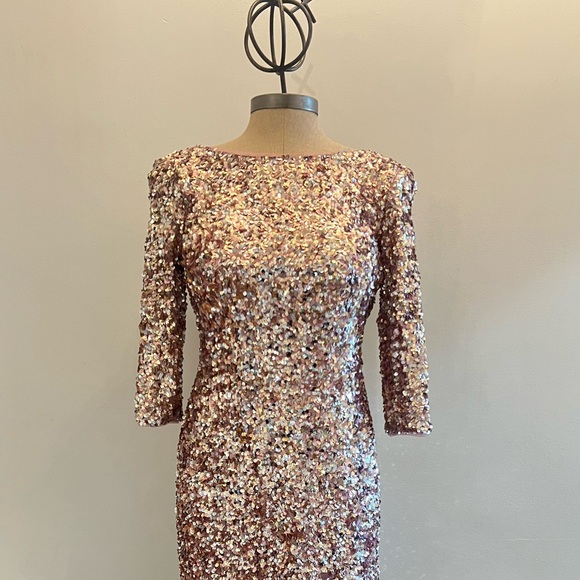 Adrianna papell 3/4 sleeves fully colorful sequins round neck midi dress - Picture 4 of 11